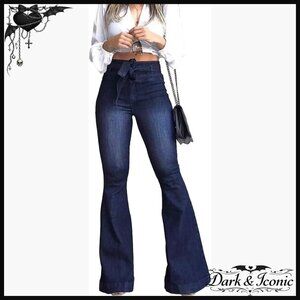 High Waisted Flare Jeans with Removable Belt, Stretch Denim, Bootcut Fit